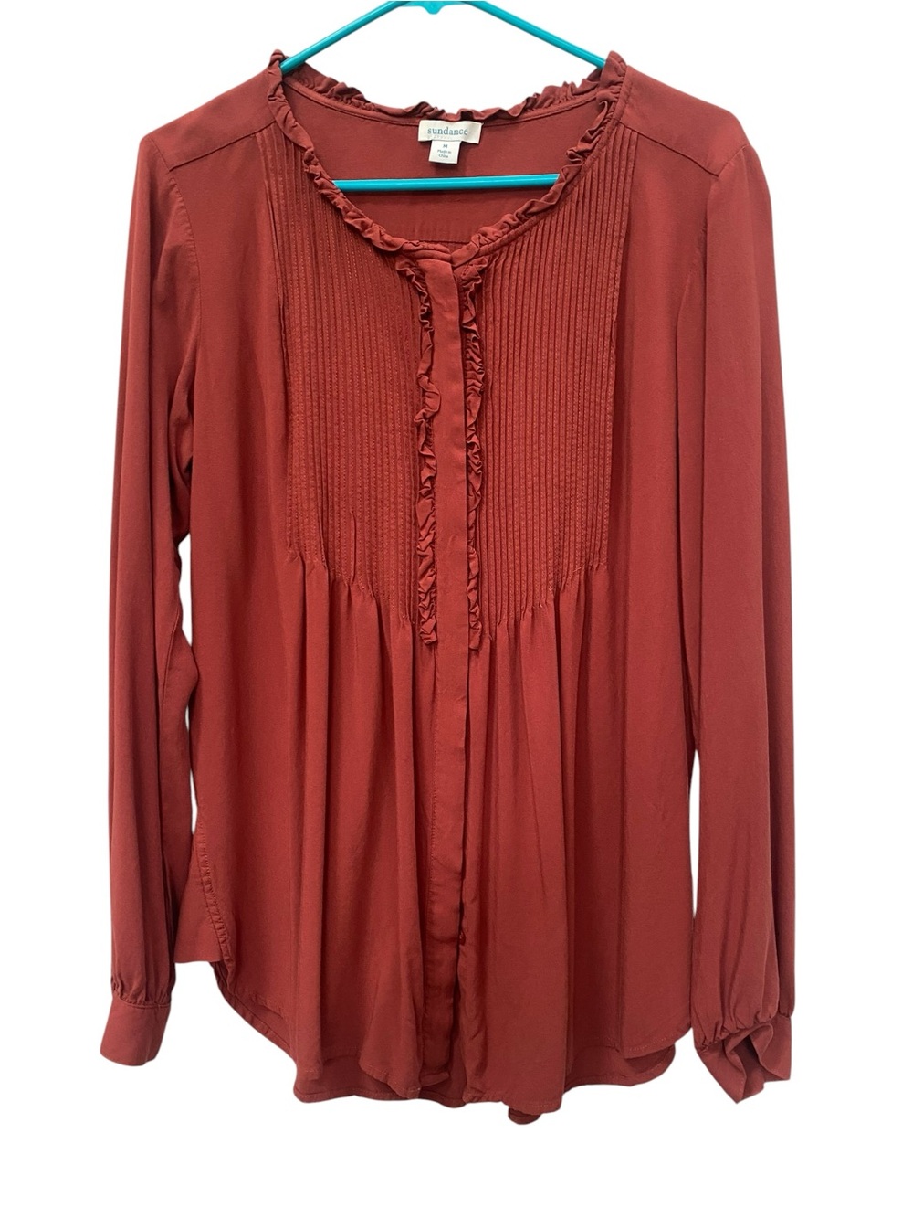 Sundance Rust Red Ruffle-Trim Pintuck Button-Down Blouse size M